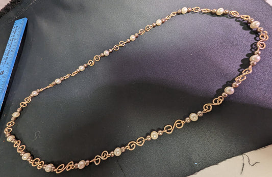 Necklace Hand Made Wire Faux Pearls Gold Tone