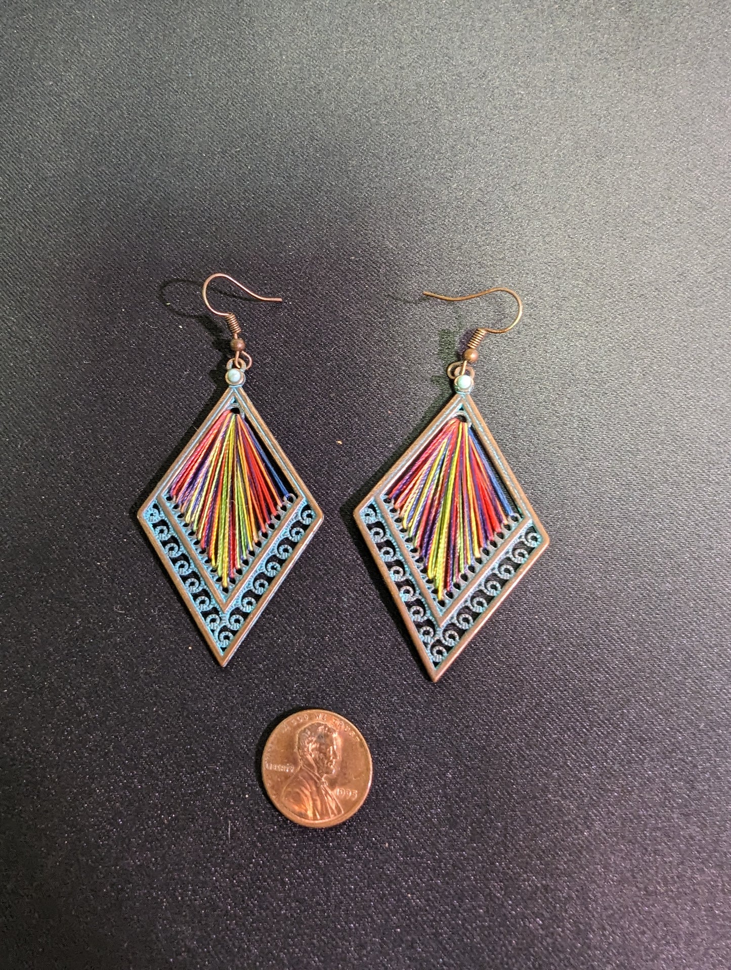 Earrings Diamond Shaped  Blue Bronze Rainbow Colored Threaded