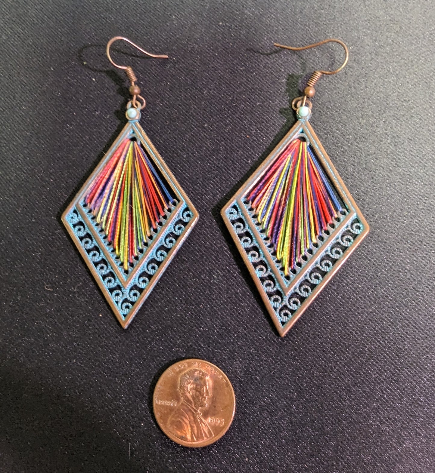 Earrings Diamond Shaped  Blue Bronze Rainbow Colored Threaded