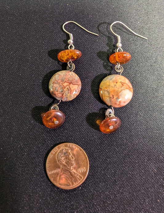 Ear rings Hand Made Agate Amber One of A kind