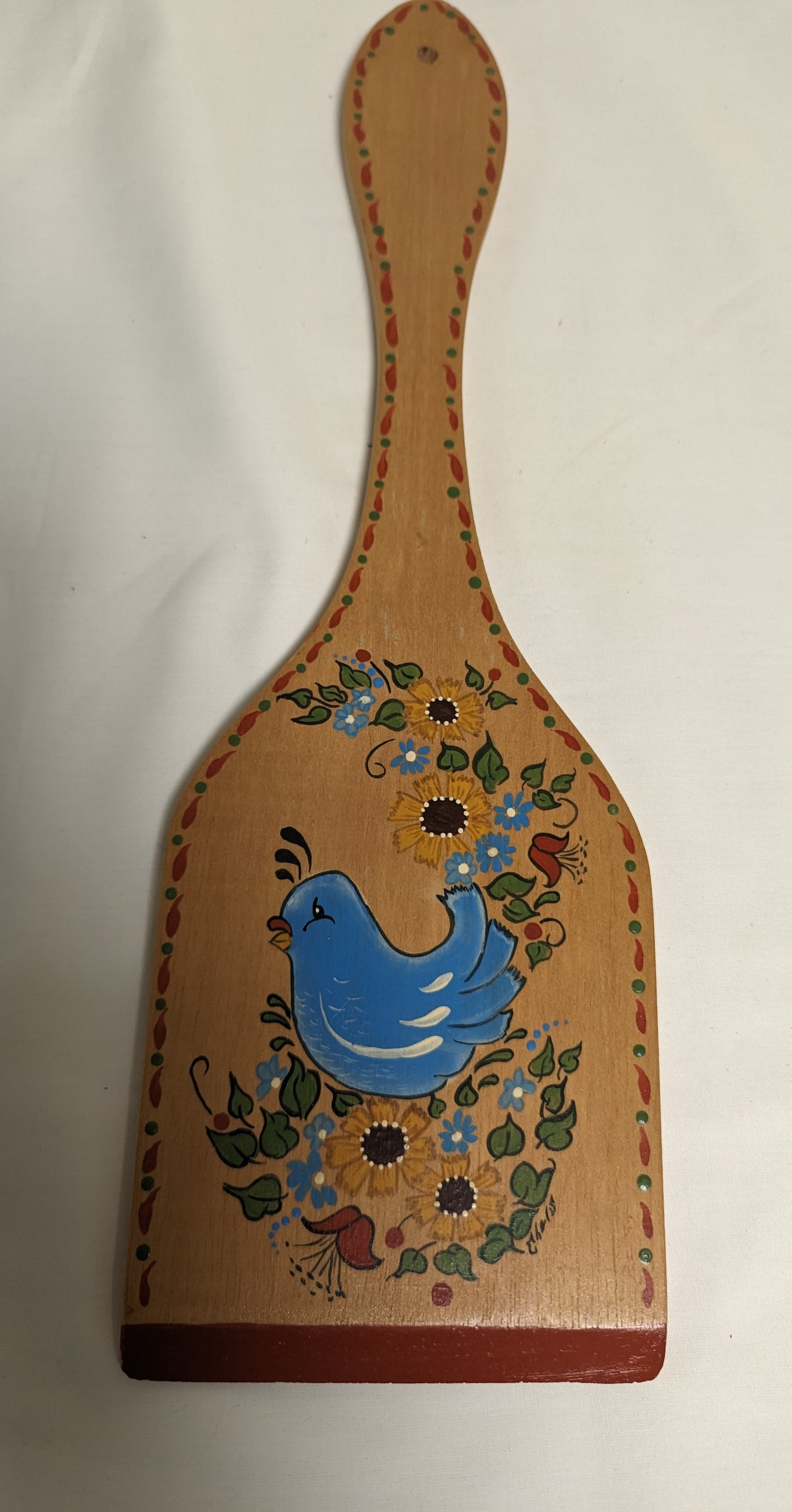 Art Original Autographed Folk Art Spatula Bluebird Flowers Decorative Spatula