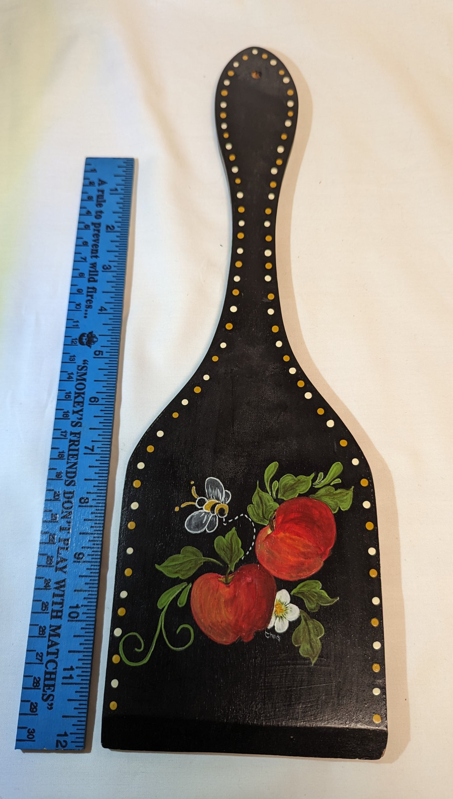 Art Original Autographed Folk Art Apples and Bee Decorative Spatula