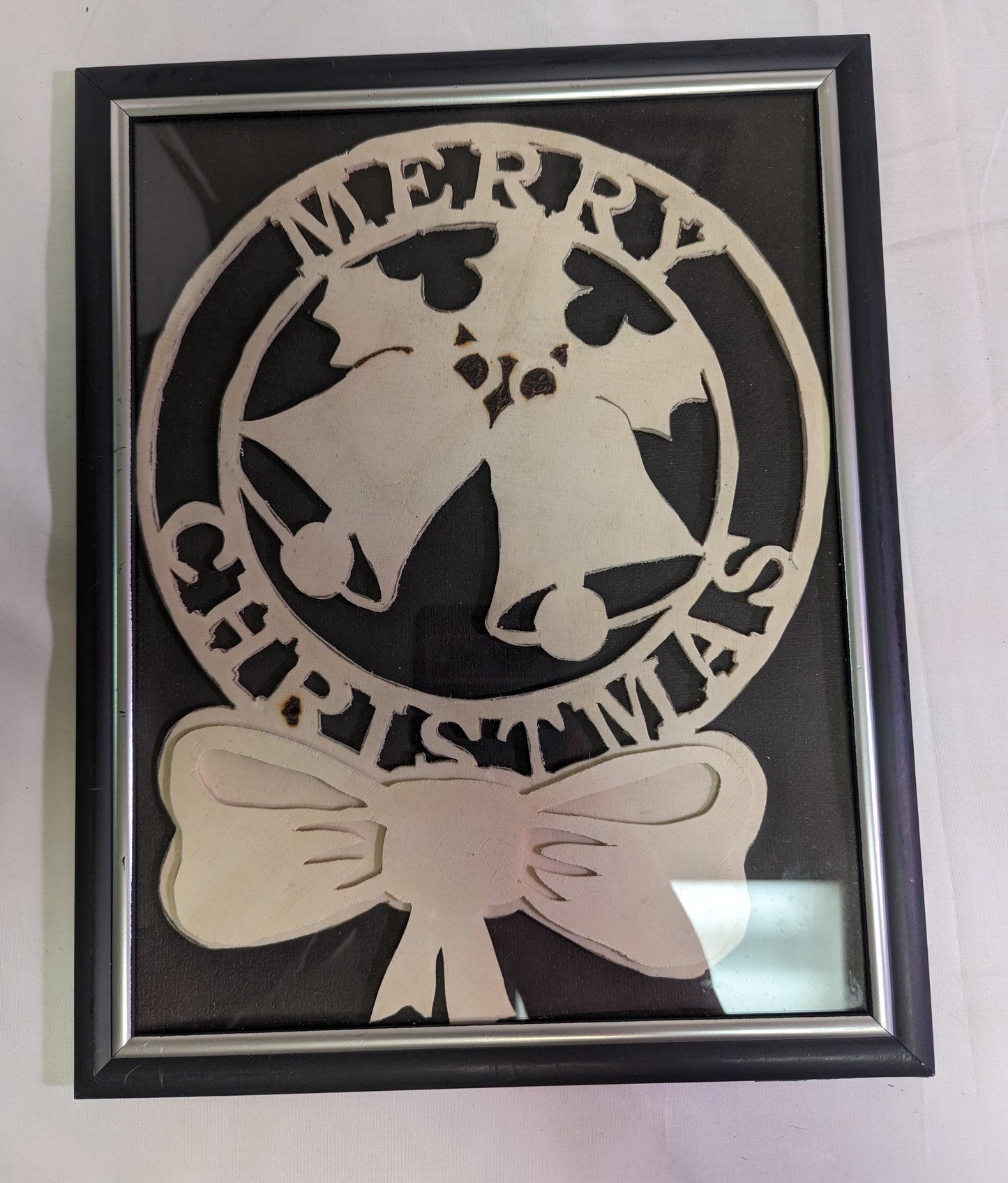 Art Scroll Saw Hand Cut Pyrography Merry Christmas Wreath Holly Bells Bow in Frame