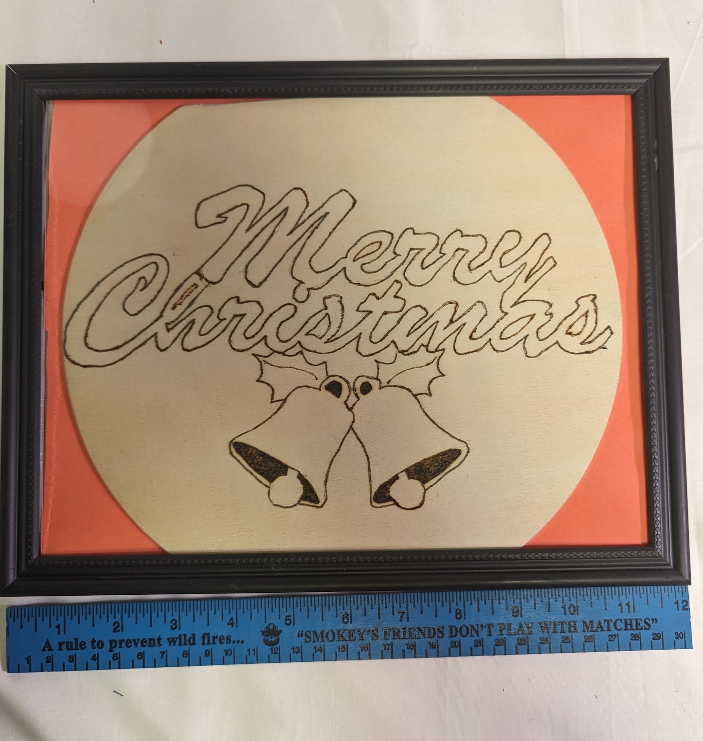 Art Pyrography Merry Christmas Holly and Bells on wood in Frame