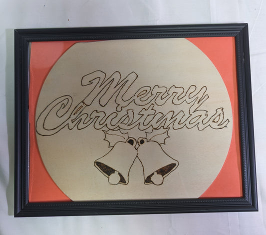 Art Pyrography Merry Christmas Holly and Bells on wood in Frame