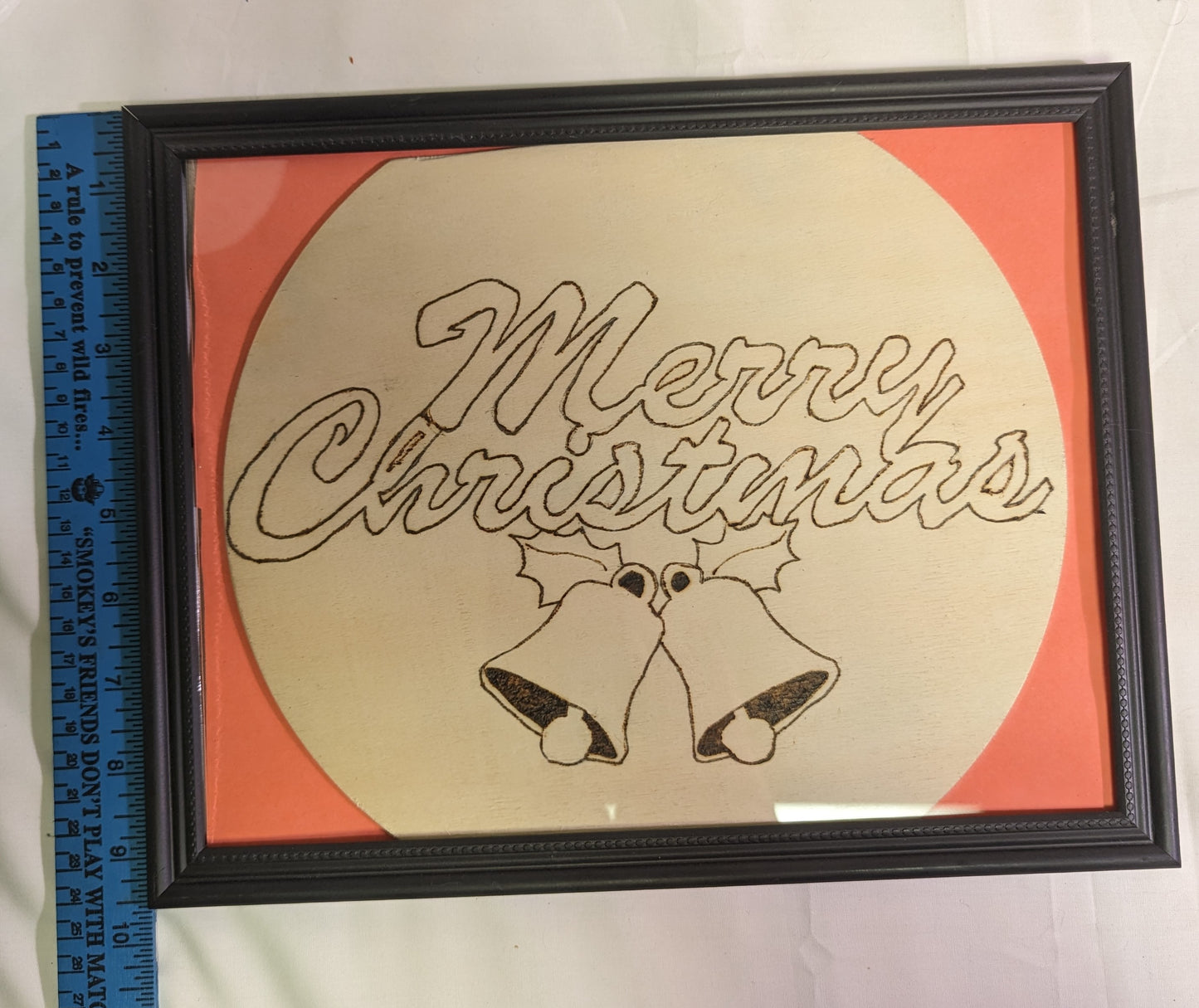 Art Pyrography Merry Christmas Holly and Bells on wood in Frame