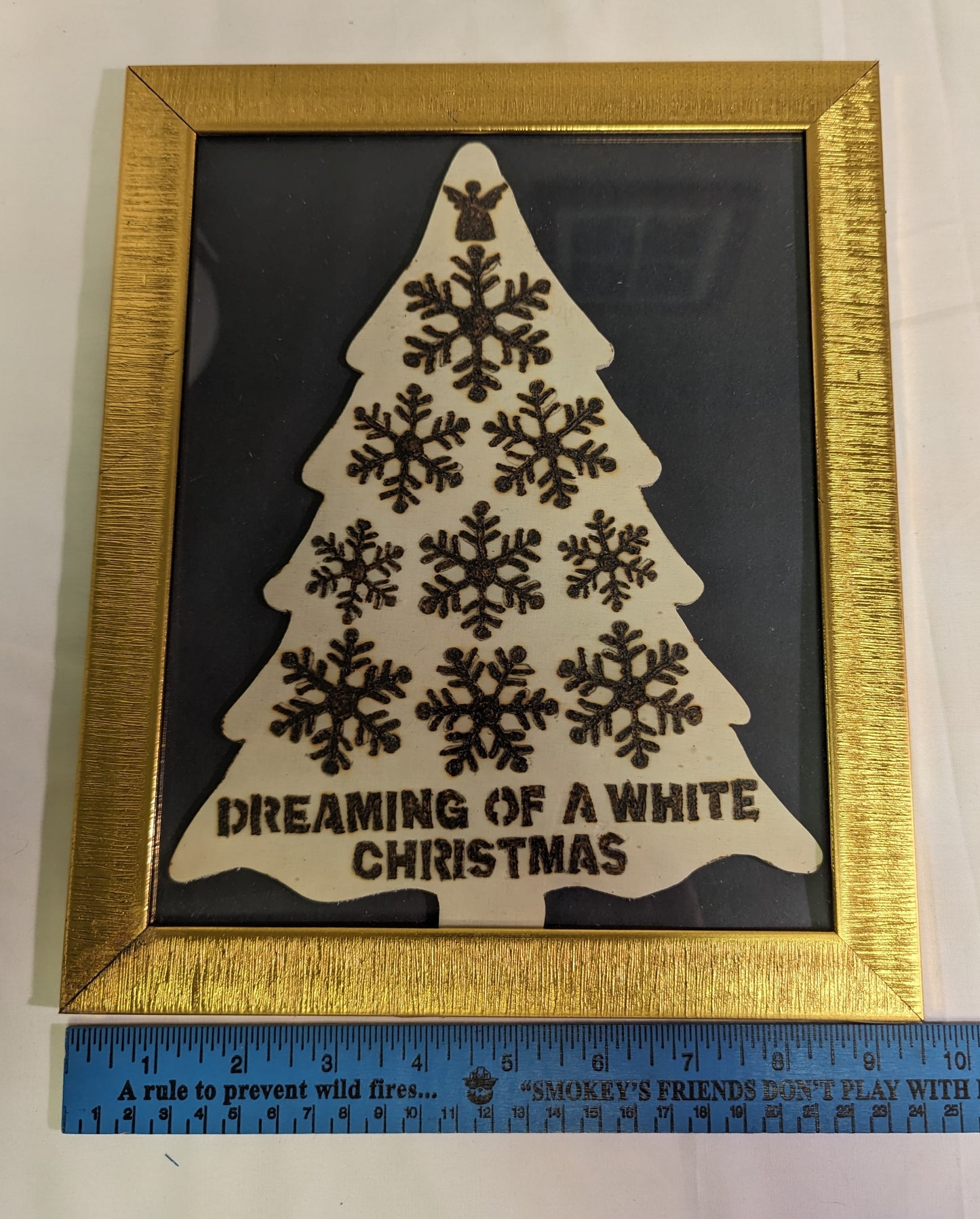 Art Pyrography Scroll Saw Christmas tree Snowflakes "Dreaming of a White Christmas in Frame under Glass