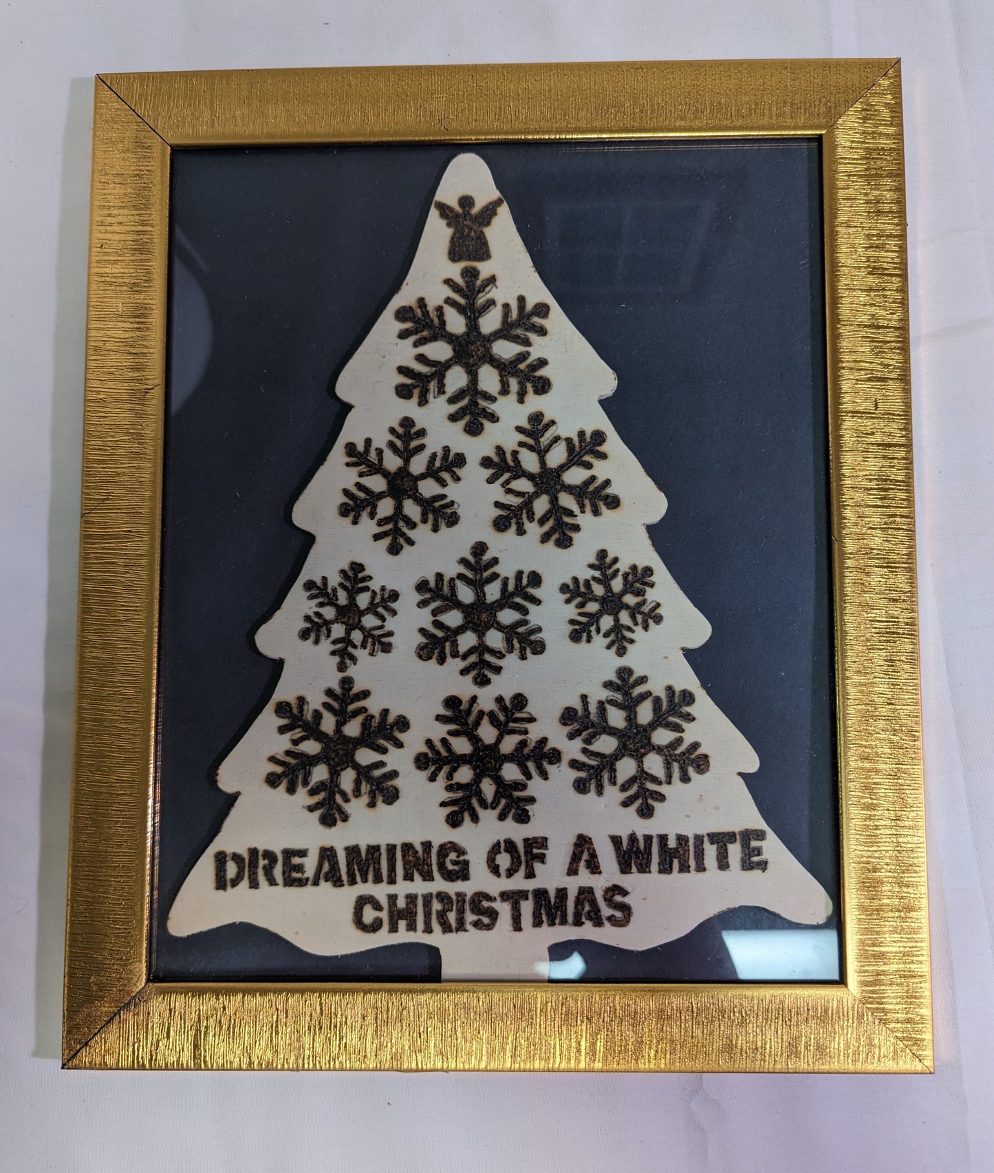 Art Pyrography Scroll Saw Christmas tree Snowflakes "Dreaming of a White Christmas in Frame under Glass