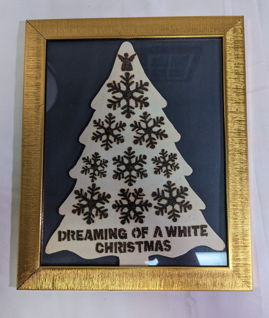 Art Pyrography Scroll Saw Christmas tree Snowflakes "Dreaming of a White Christmas in Frame under Glass