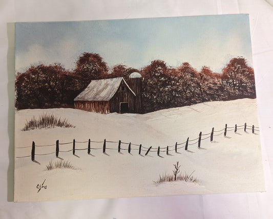 Art Original Vintage Art Oil Paint on canvas Barn Snow Scene dated 1982