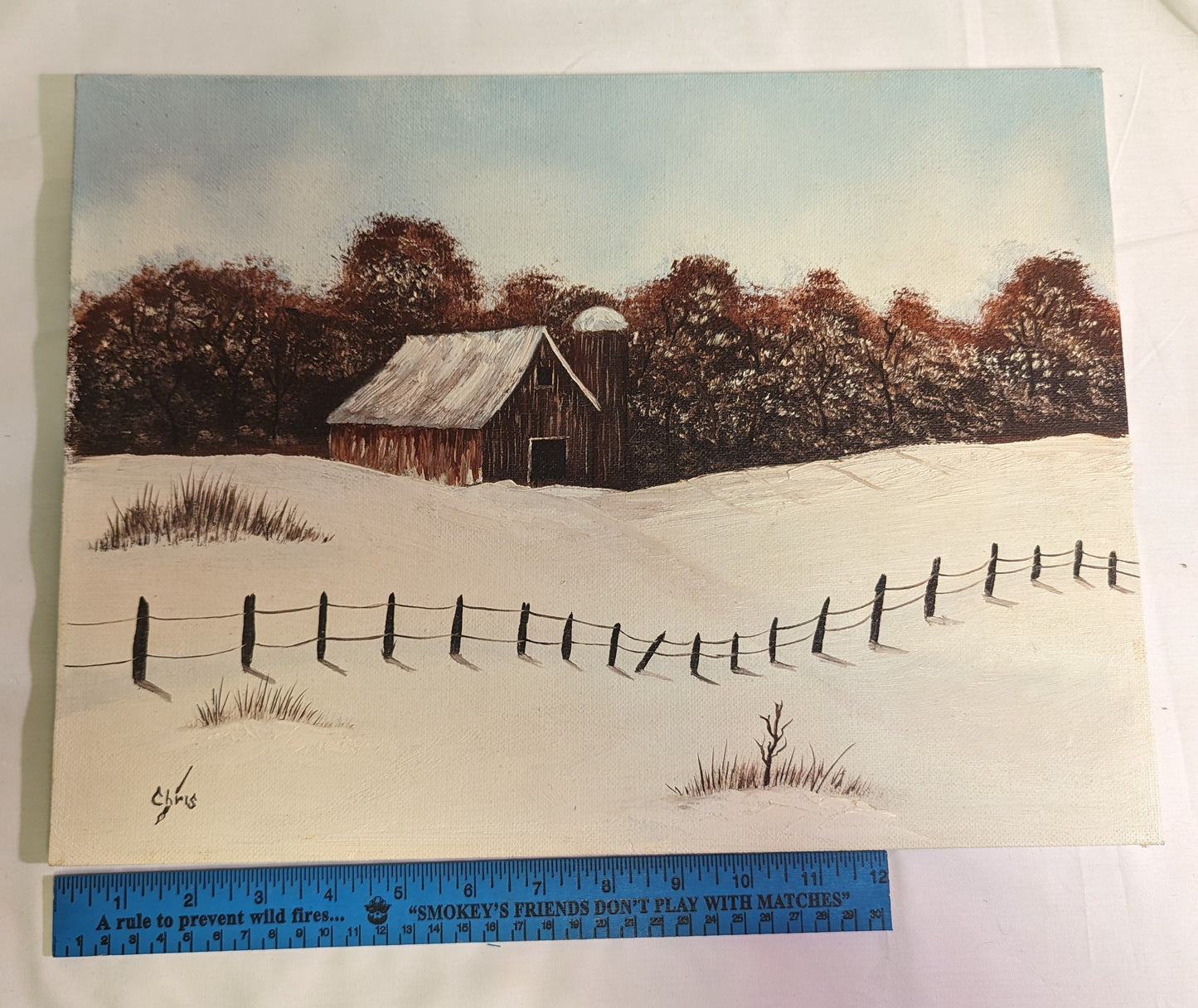 Art Original Vintage Art Oil Paint on canvas Barn Snow Scene dated 1982