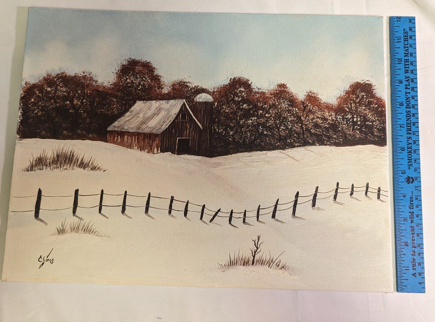 Art Original Vintage Art Oil Paint on canvas Barn Snow Scene dated 1982