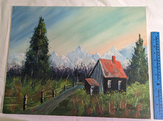 Art Original Oil Painting on Canvas Board  Cabin in Mountains