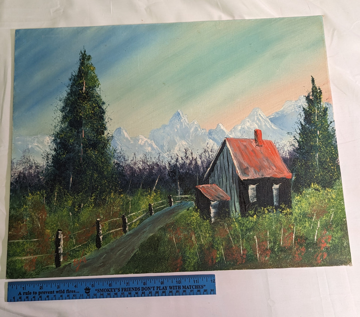 Art Original Oil Painting on Canvas Board  Cabin in Mountains