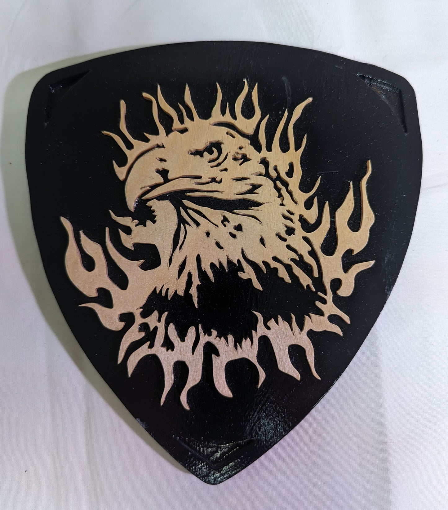 Art Original Scroll Wood on Wood Fiery Eagle Head Emblem On Black Background