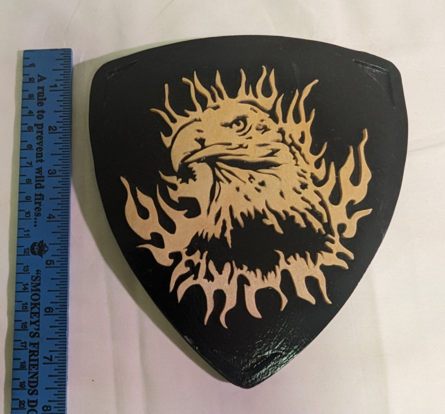 Art Original Scroll Wood on Wood Fiery Eagle Head Emblem On Black Background