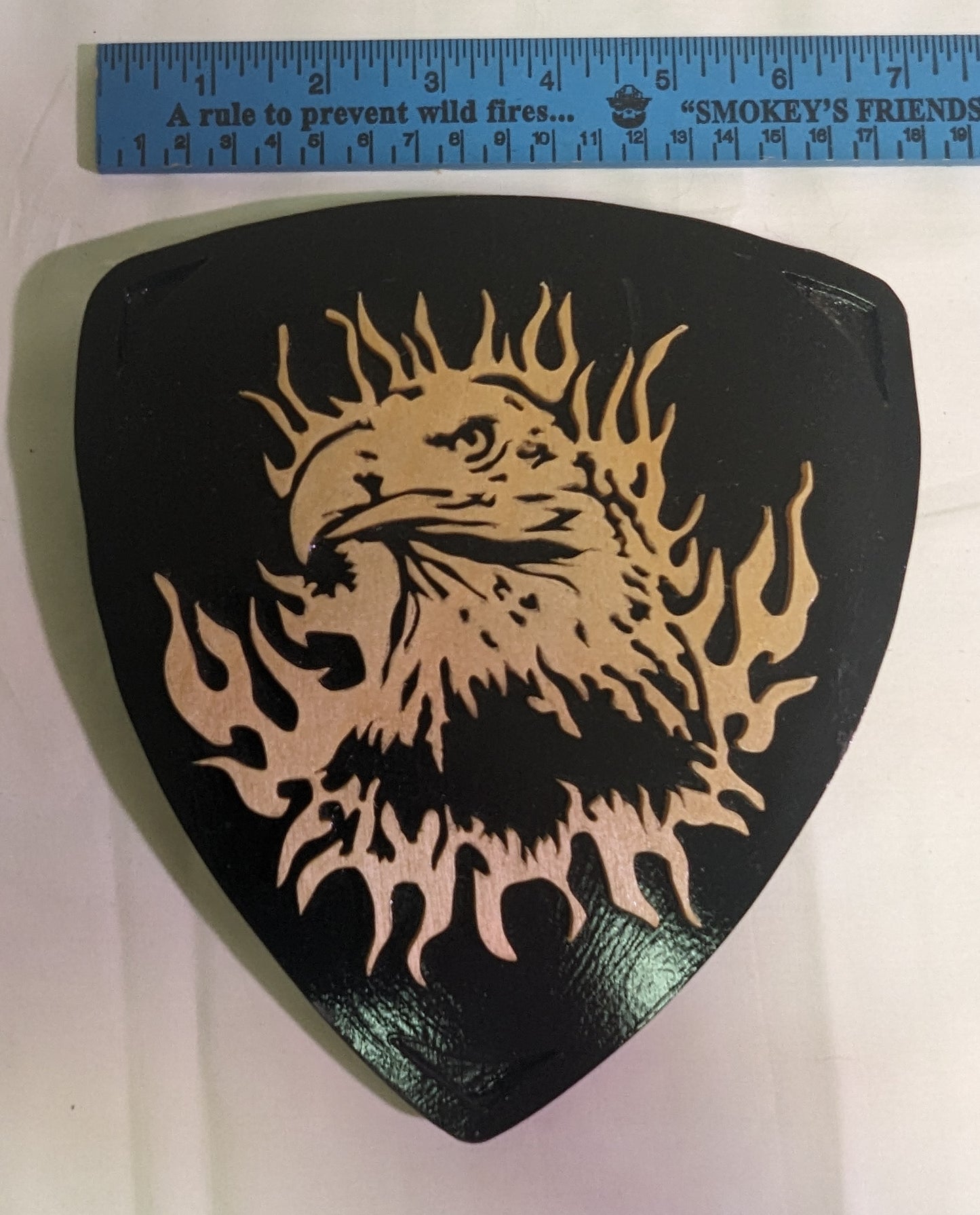 Art Original Scroll Wood on Wood Fiery Eagle Head Emblem On Black Background