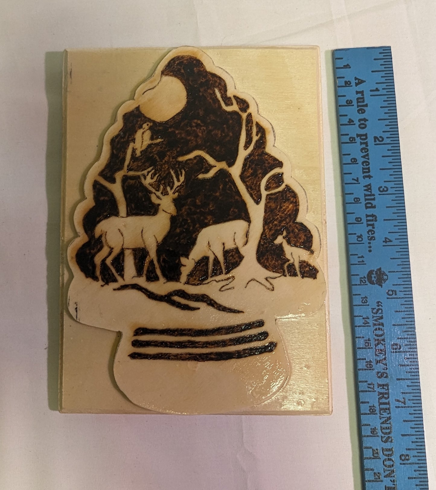 Art Pyrography Night Forrest Scene Deer and Buzzard Full Moon burned on Arrow Shape