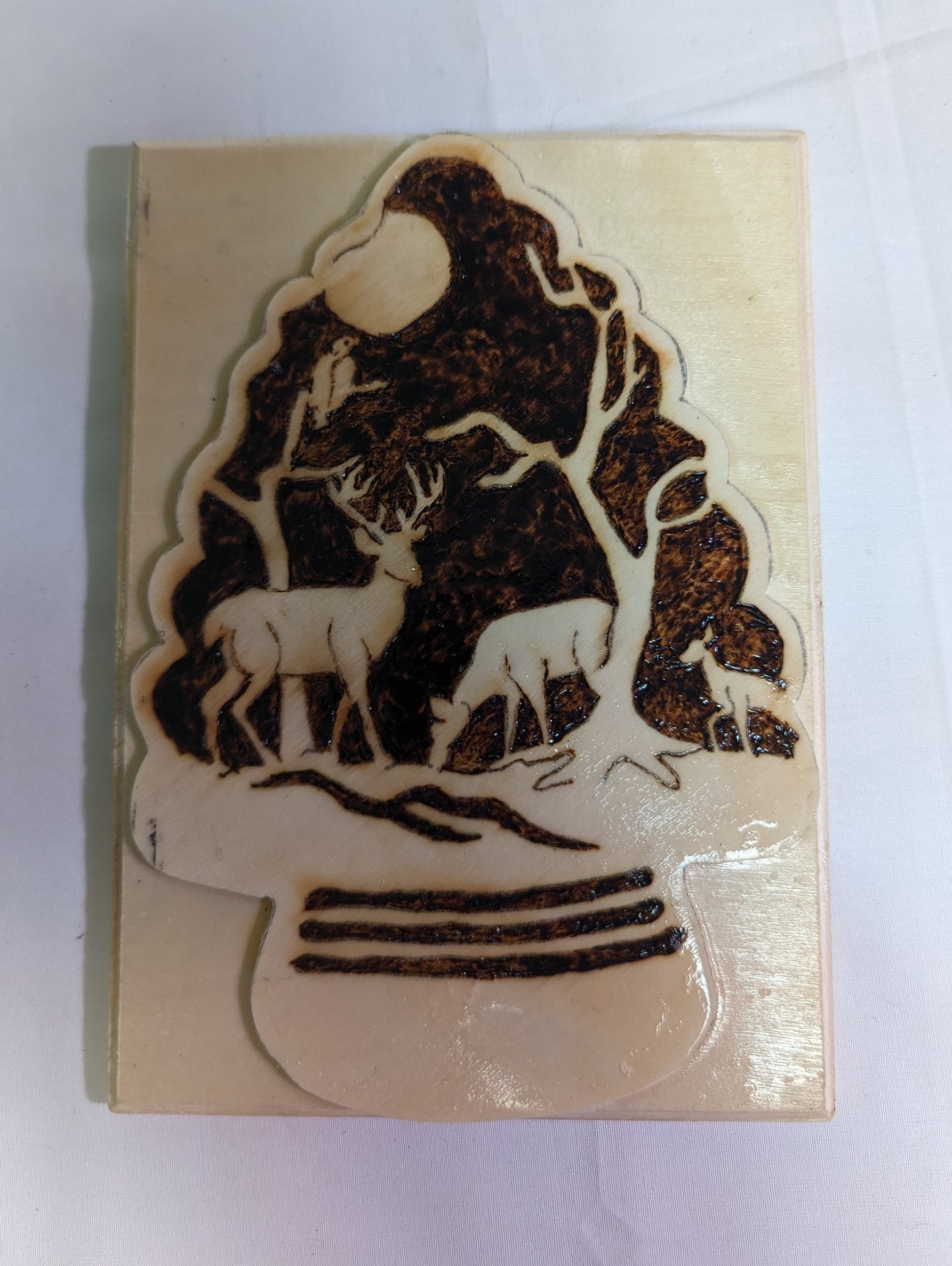 Art Pyrography Night Forrest Scene Deer and Buzzard Full Moon burned on Arrow Shape