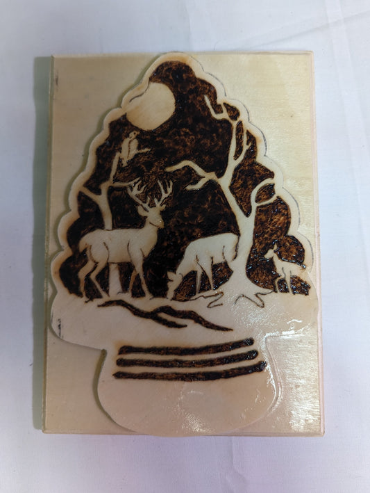 Art Pyrography Night Forrest Scene Deer and Buzzard Full Moon burned on Arrow Shape