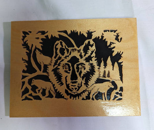 Art Original Scroll Cutout Wolves in Night Forrest Emblem Black Background