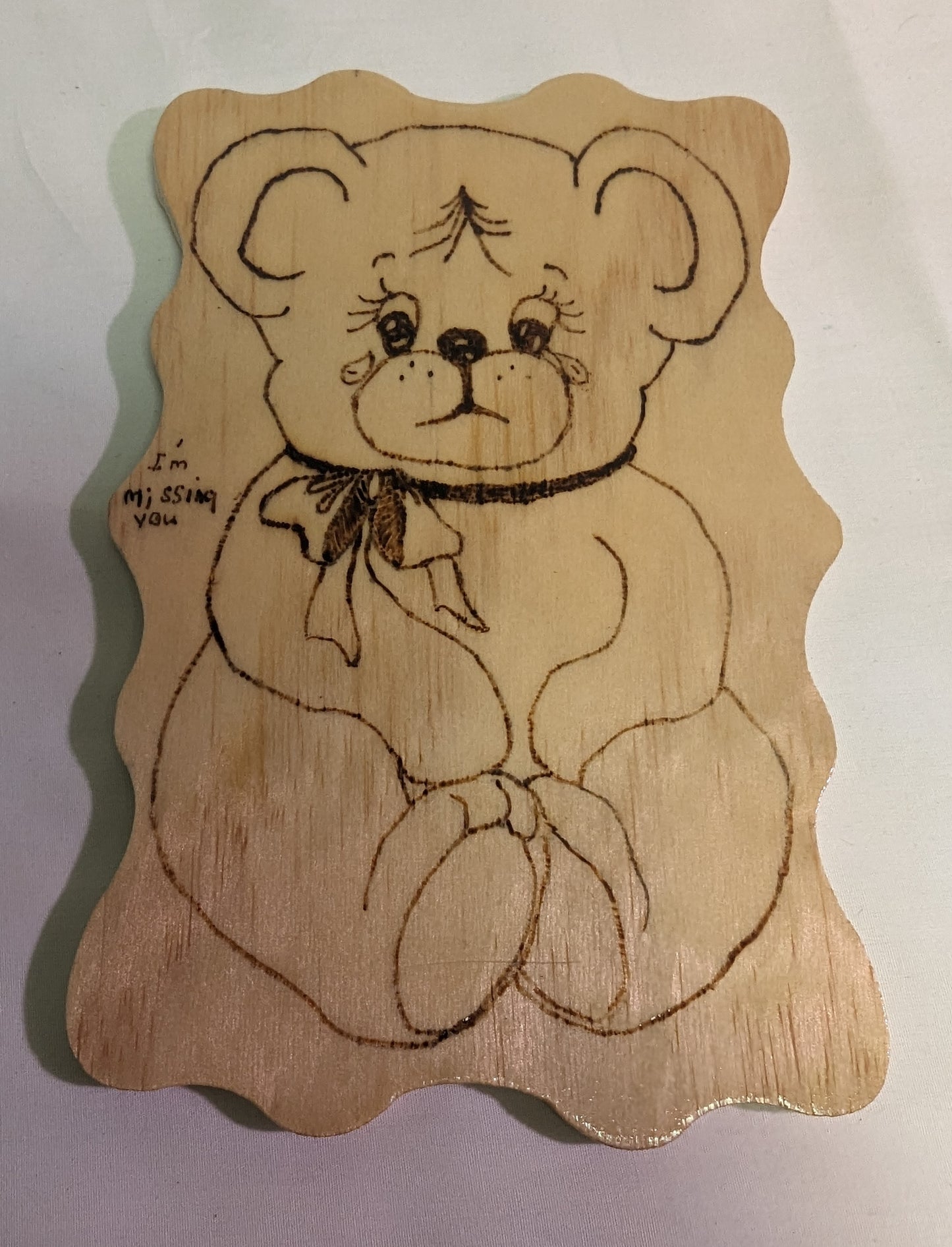 Art Pyrography "Sad Teddy Bear" Emblem burned on Wood