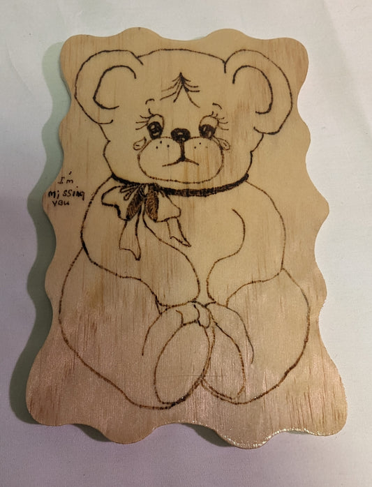 Art Pyrography "Sad Teddy Bear" Emblem burned on Wood