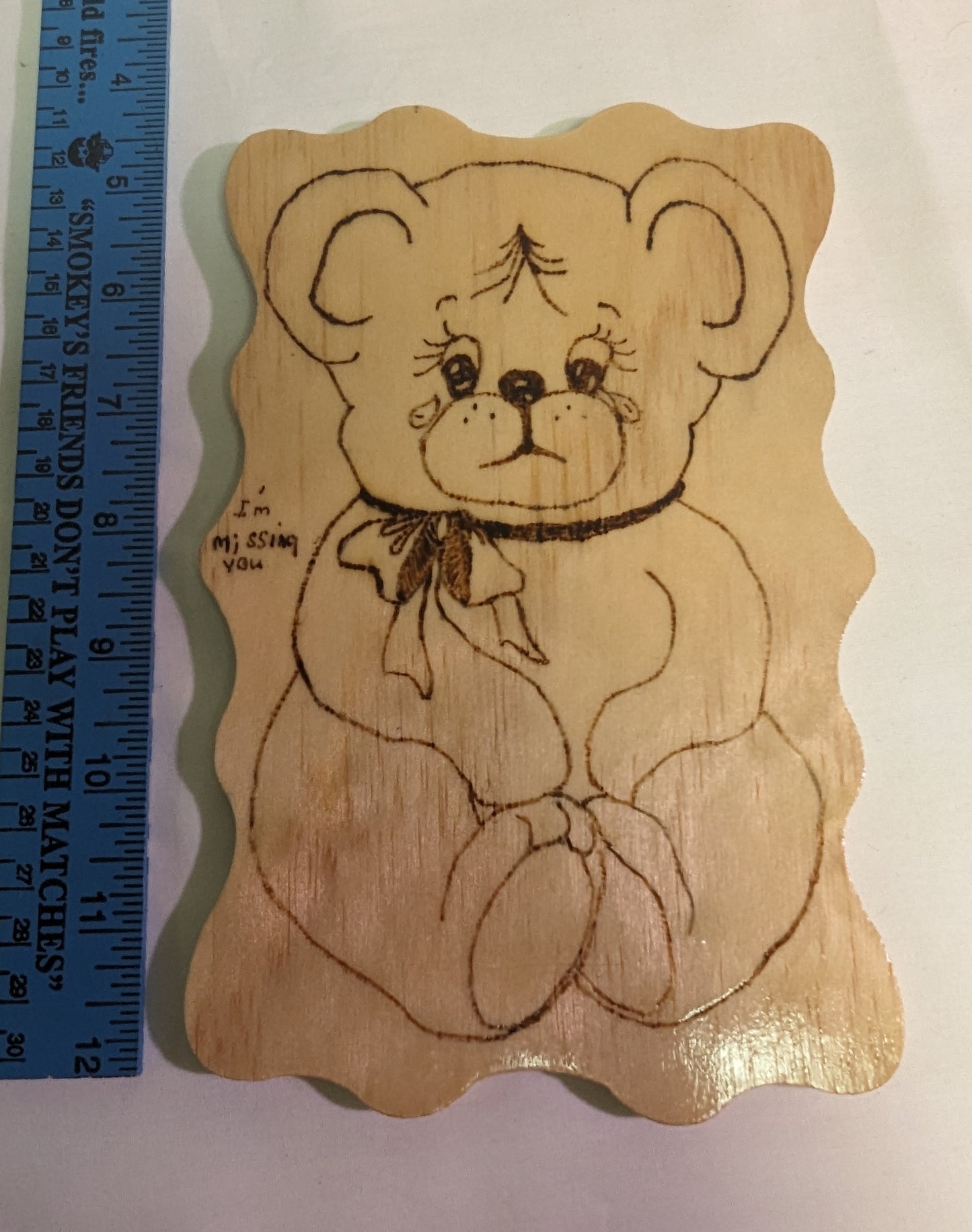 Art Pyrography "Sad Teddy Bear" Emblem burned on Wood