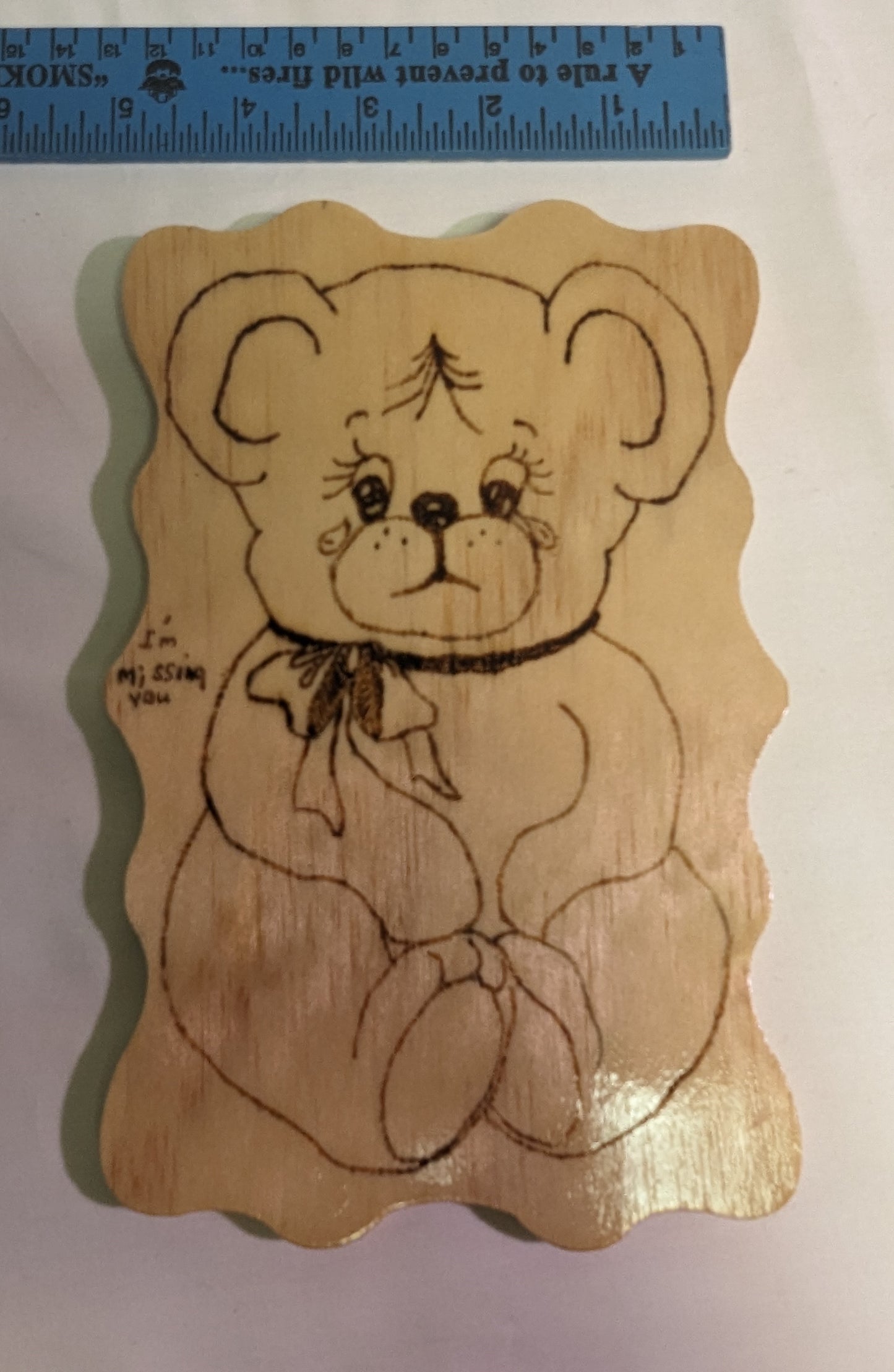 Art Pyrography "Sad Teddy Bear" Emblem burned on Wood