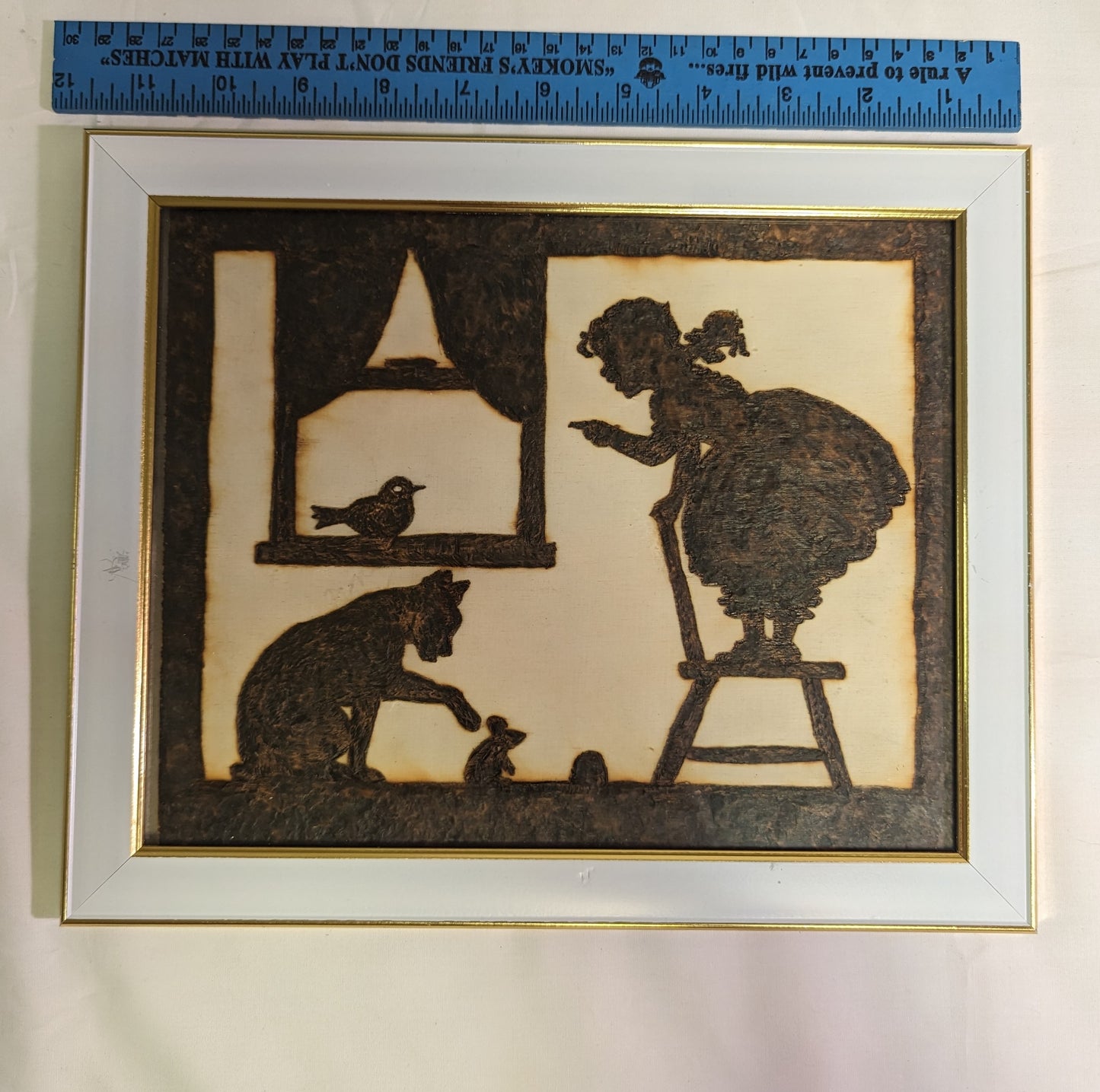 Art Original Pyrography "Little Girl Frightened of Mouse" Emblem on wood in frame behind glass