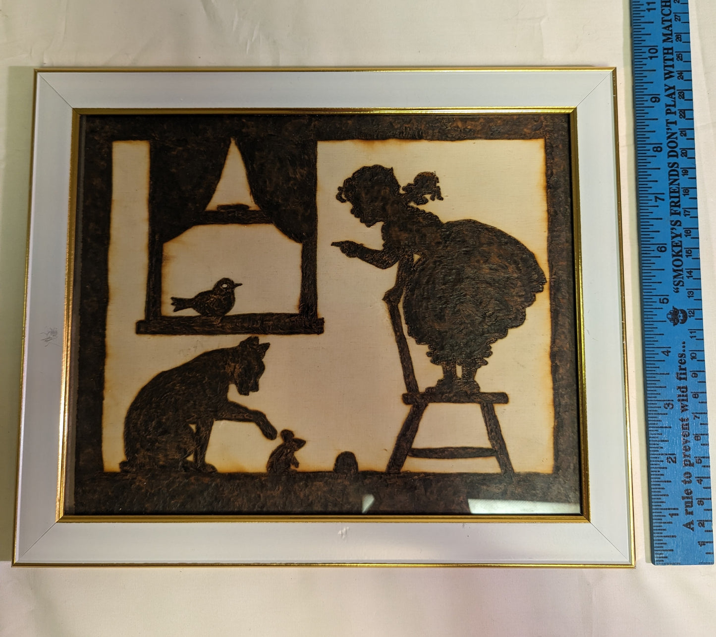 Art Original Pyrography "Little Girl Frightened of Mouse" Emblem on wood in frame behind glass