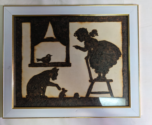 Art Original Pyrography "Little Girl Frightened of Mouse" Emblem on wood in frame behind glass