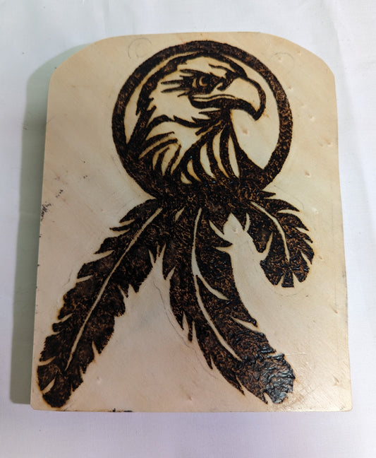 Art Pyrography Original Eagle Head Emblem with Feathers on wood