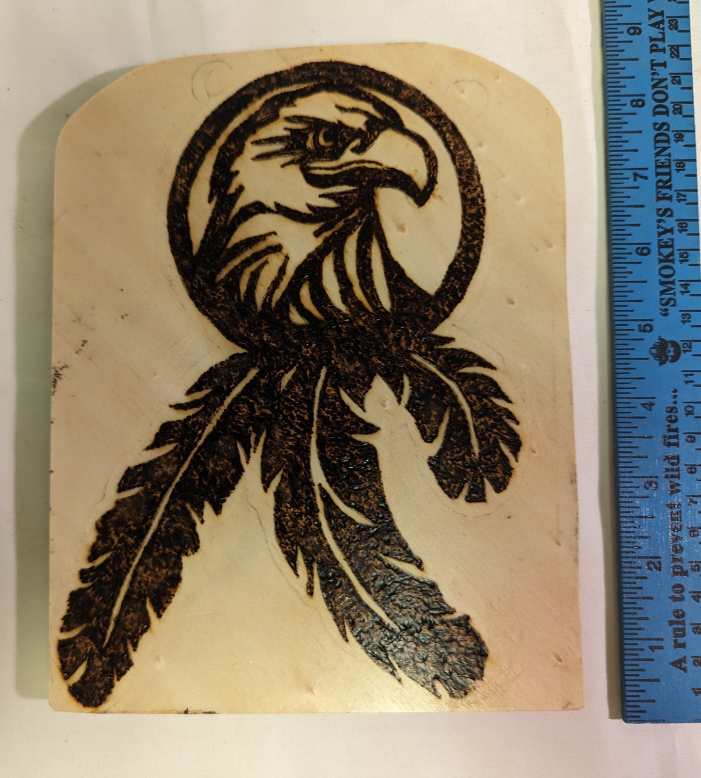 Art Pyrography Original Eagle Head Emblem with Feathers on wood