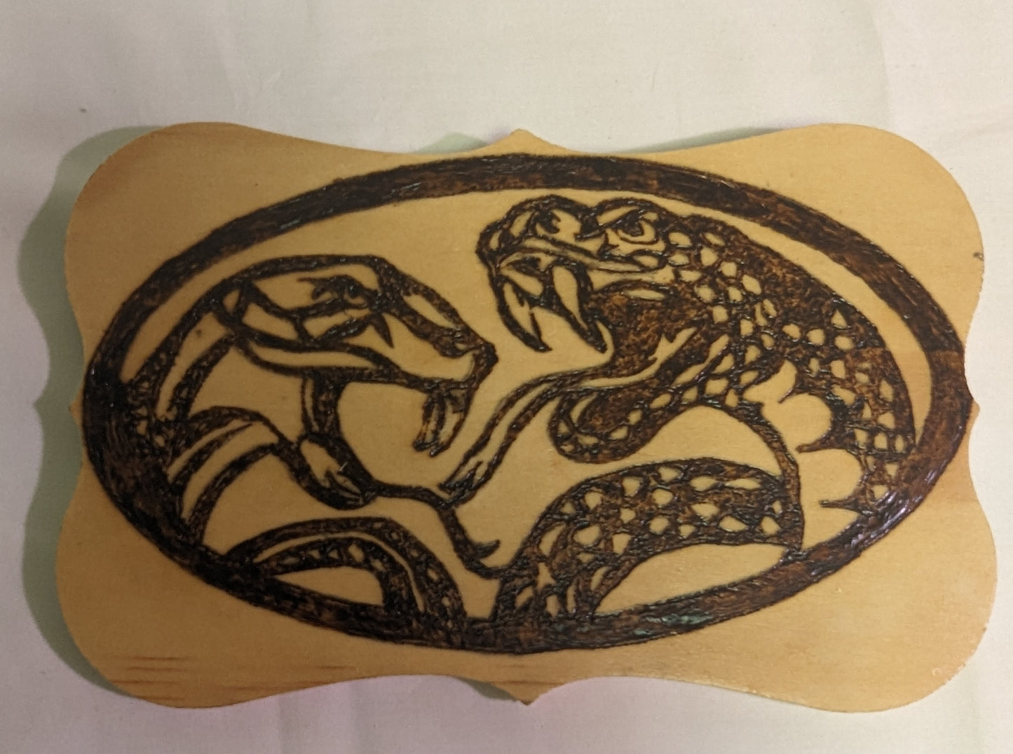 Art Pyrography Original Emblem Snake Heads Burned on Wood