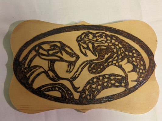 Art Pyrography Original Emblem Snake Heads Burned on Wood