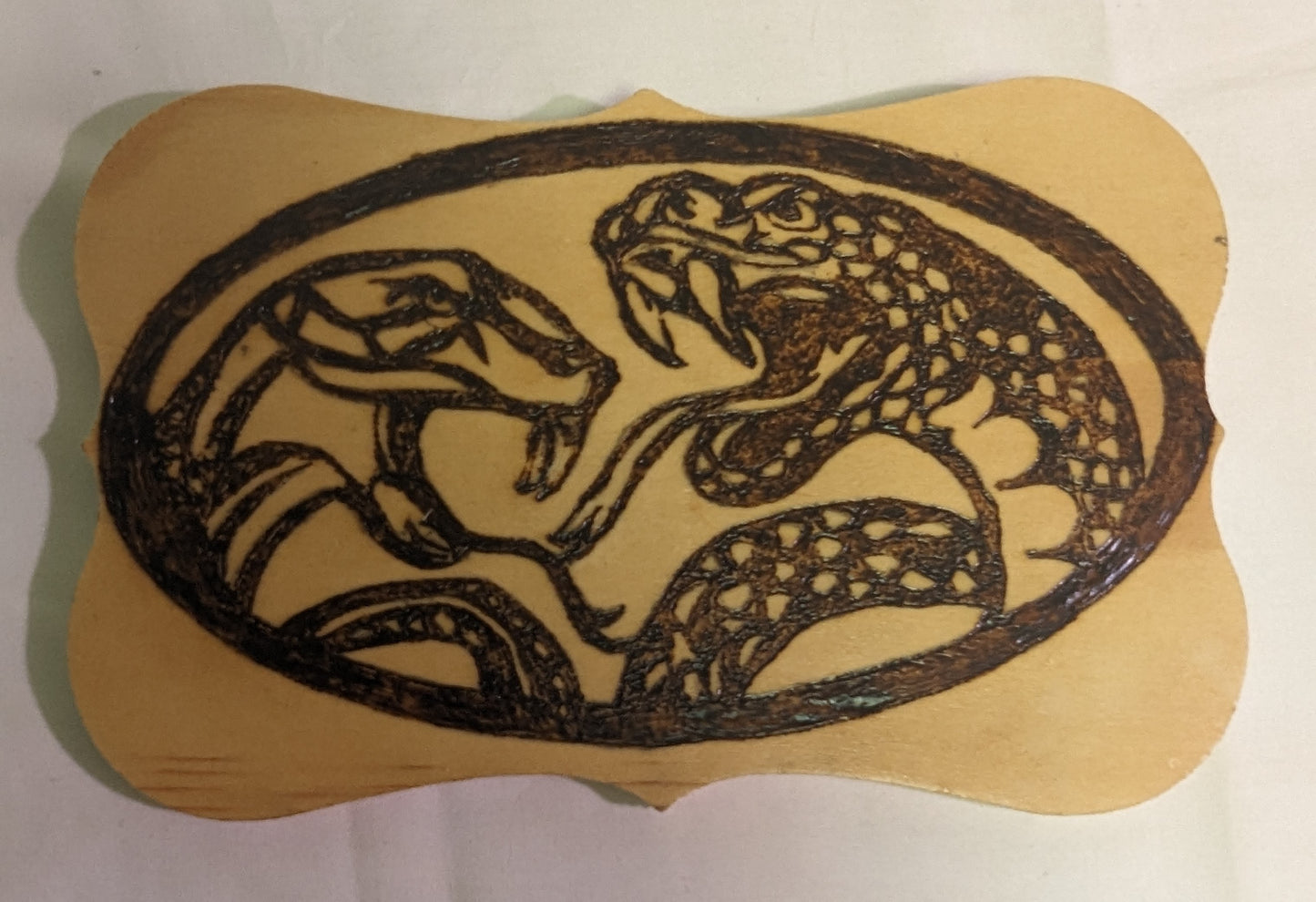 Art Pyrography Original Emblem Snake Heads Burned on Wood