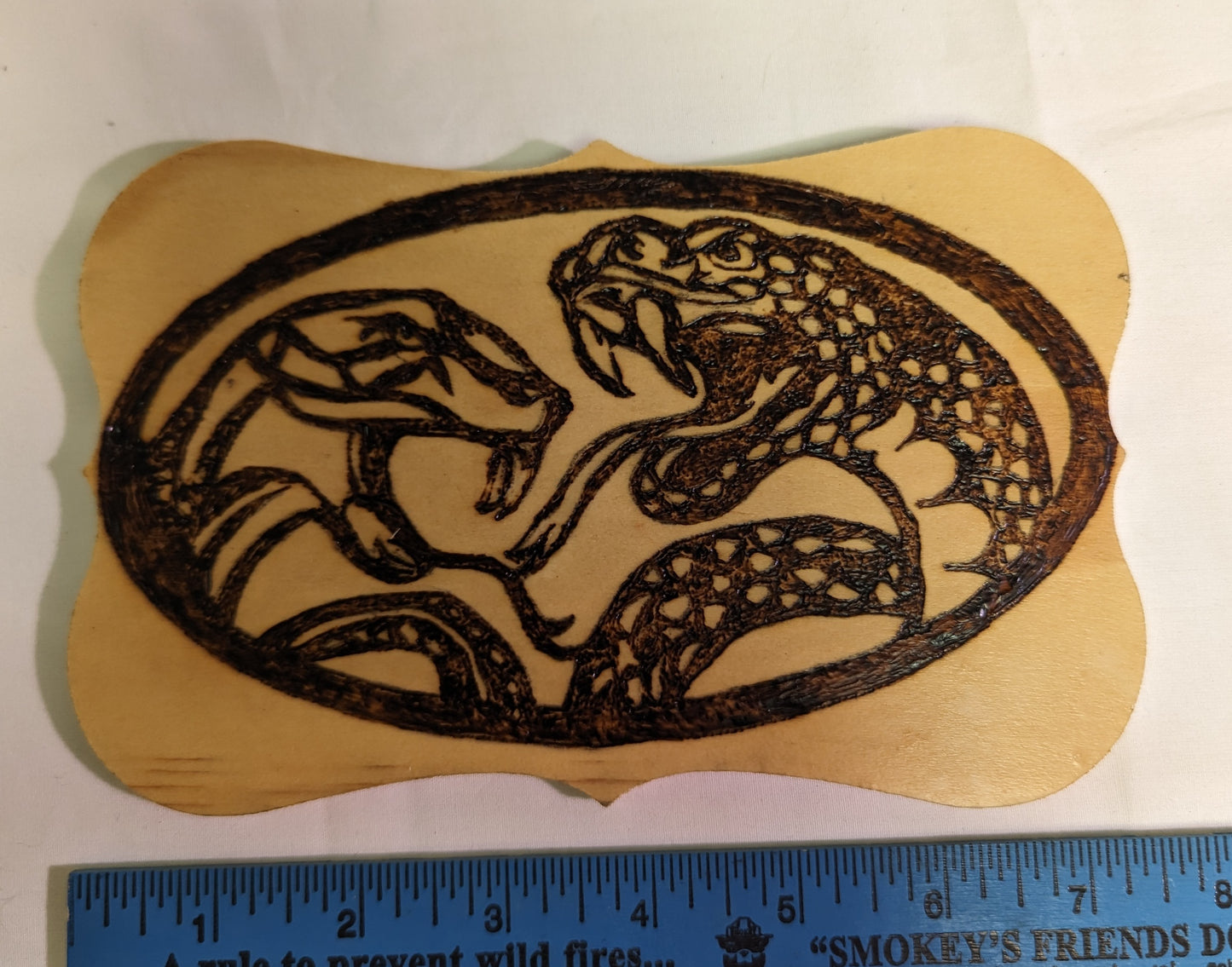 Art Pyrography Original Emblem Snake Heads Burned on Wood