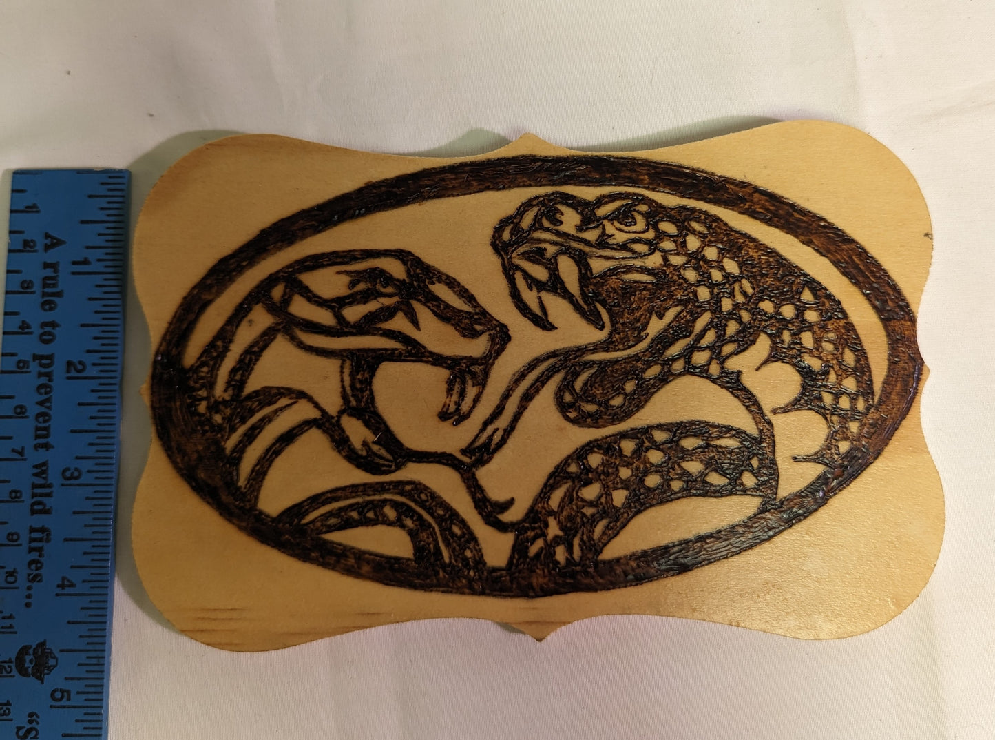 Art Pyrography Original Emblem Snake Heads Burned on Wood