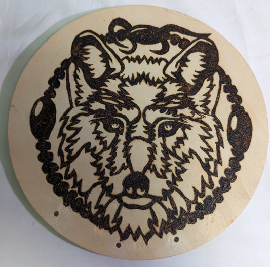 Art Pyrography "Dream Wolf" Emblem Head in Beads Burned on Wood