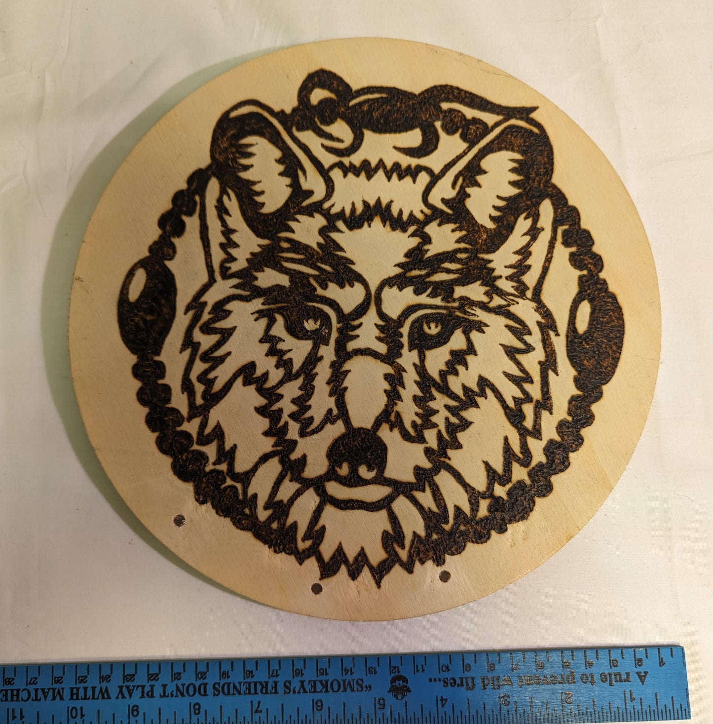 Art Pyrography "Dream Wolf" Emblem Head in Beads Burned on Wood