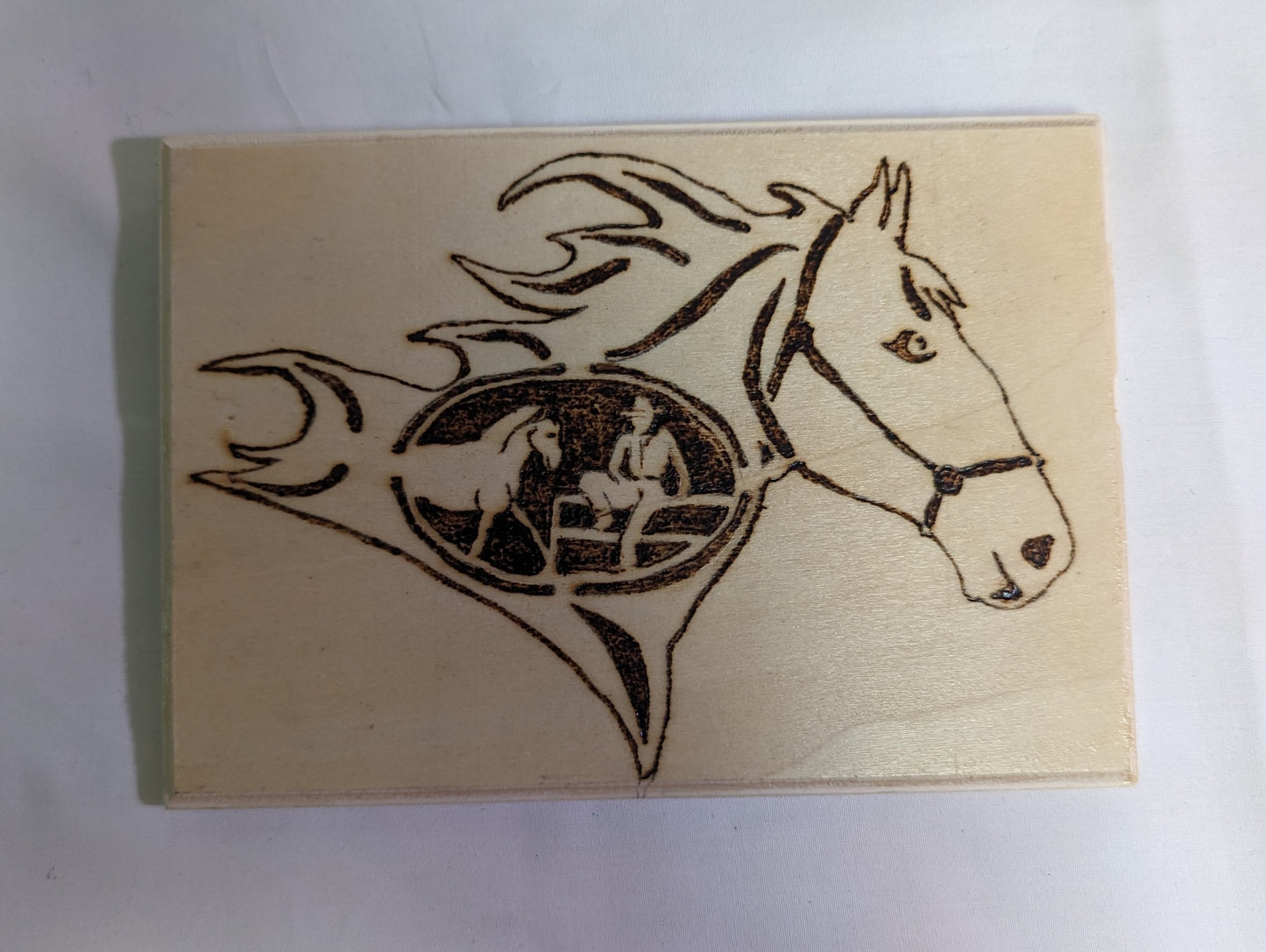 Art Pyrography Horse Head " Racing Horse " Emblem Burned on Wood