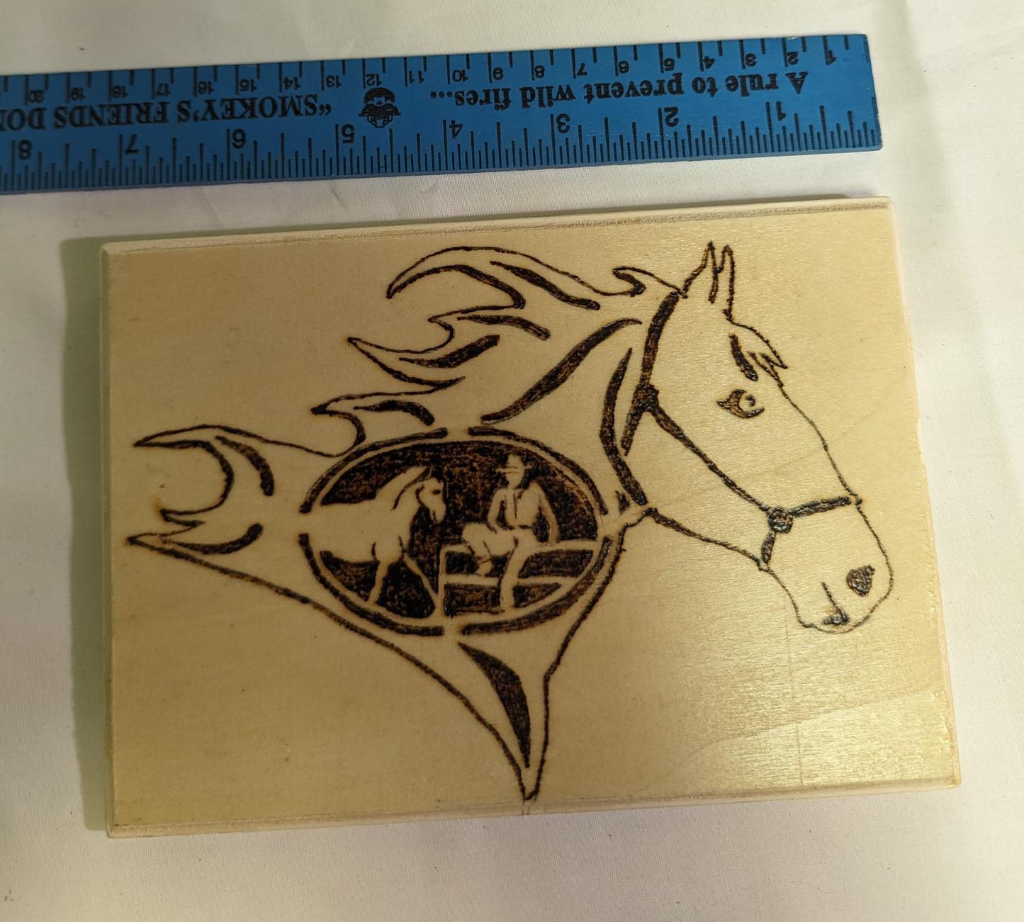 Art Pyrography Horse Head " Racing Horse " Emblem Burned on Wood