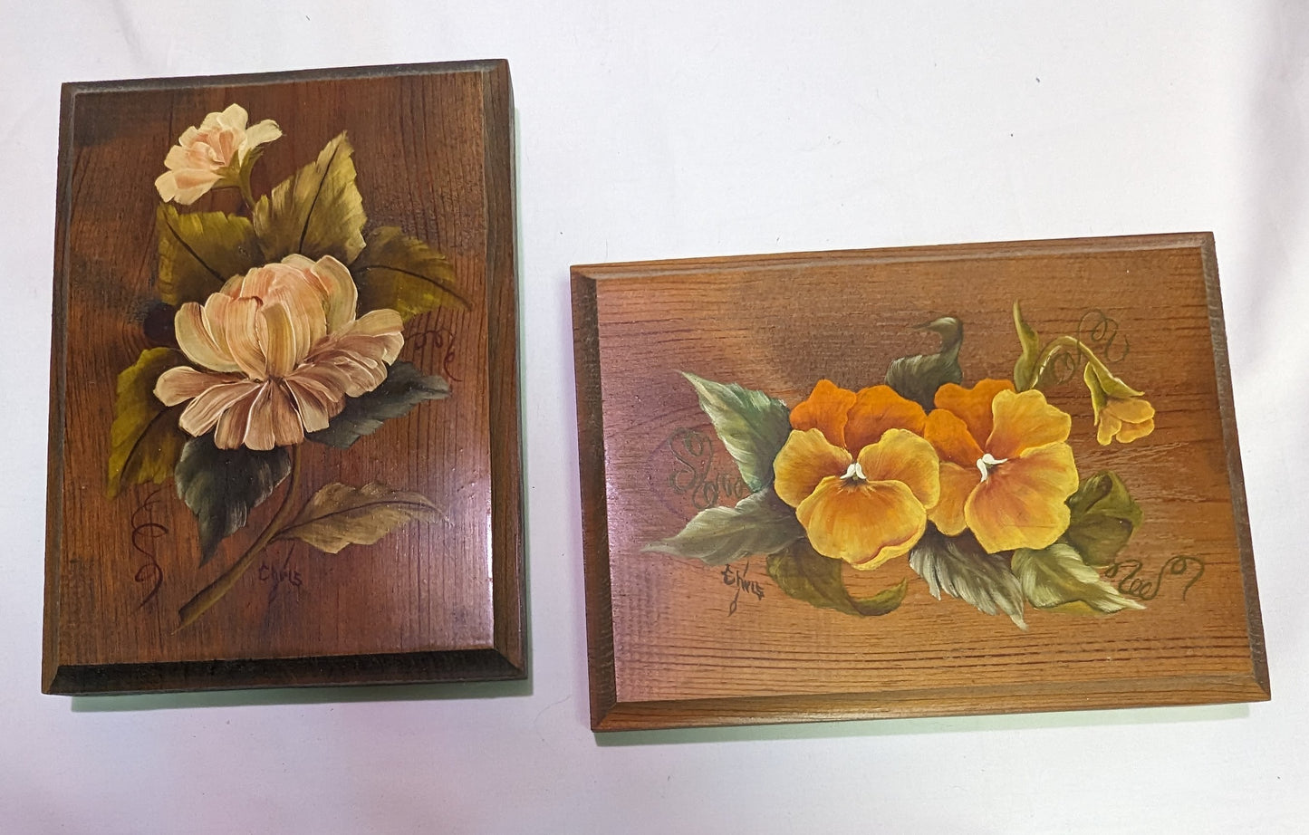 Art Painting Oil on Wood Flowers Original Autographed Set of 2
