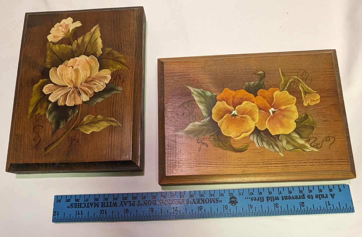 Art Painting Oil on Wood Flowers Original Autographed Set of 2