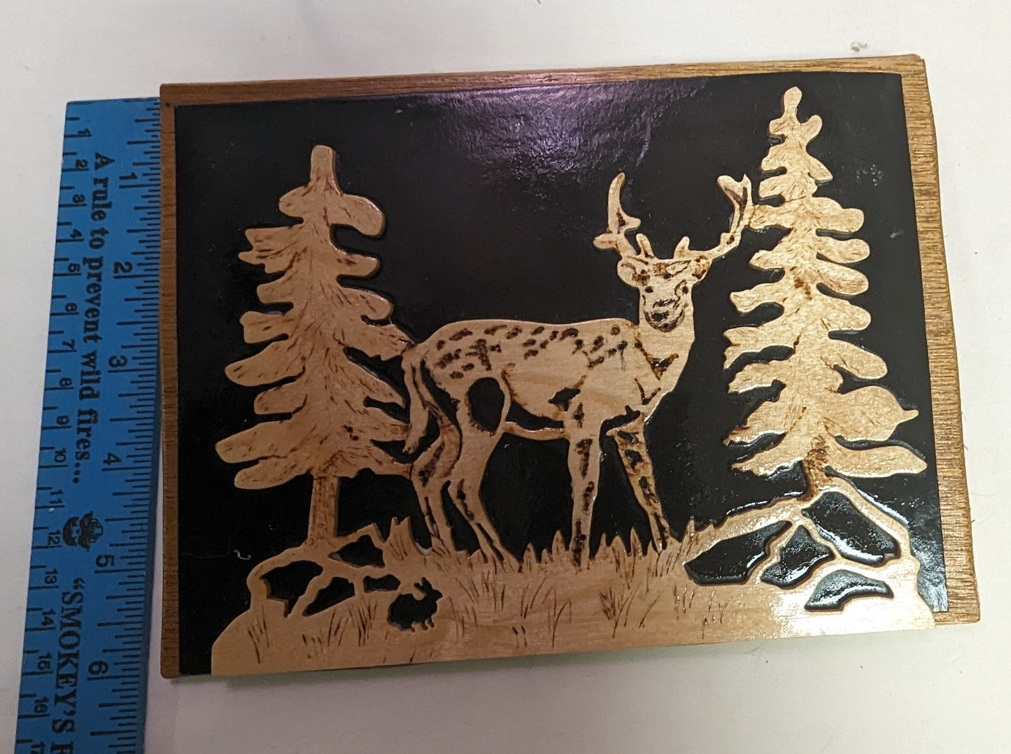 Scroll Sawn Art Deer in the Woods. Pyrography and scroll out on wood. One of a kind