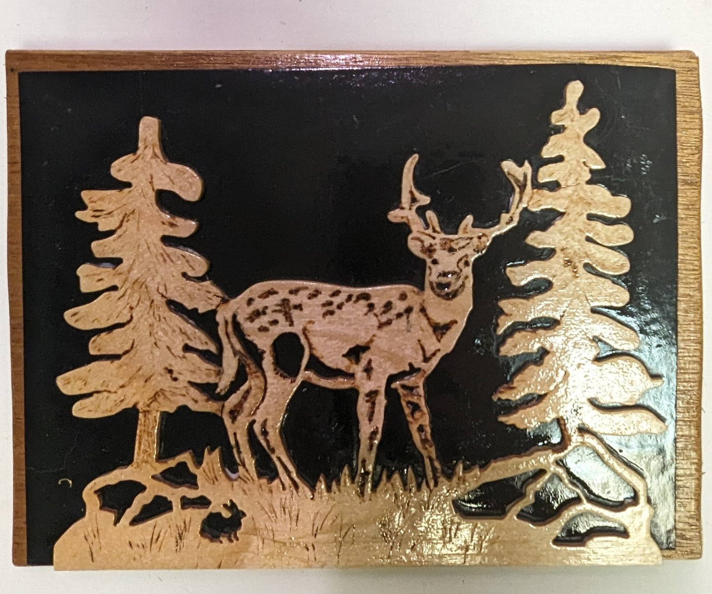Scroll Sawn Art Deer in the Woods. Pyrography and scroll out on wood. One of a kind