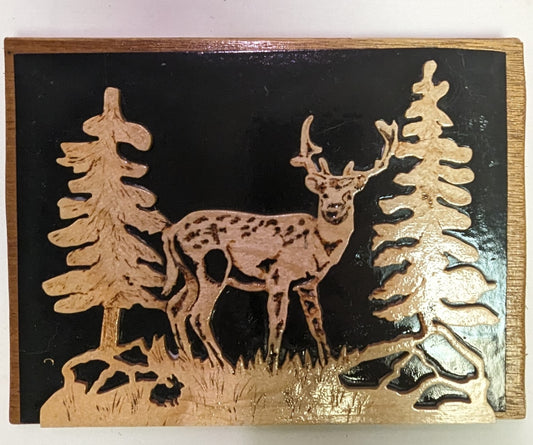 Scroll Sawn Art Deer in the Woods. Pyrography and scroll out on wood. One of a kind