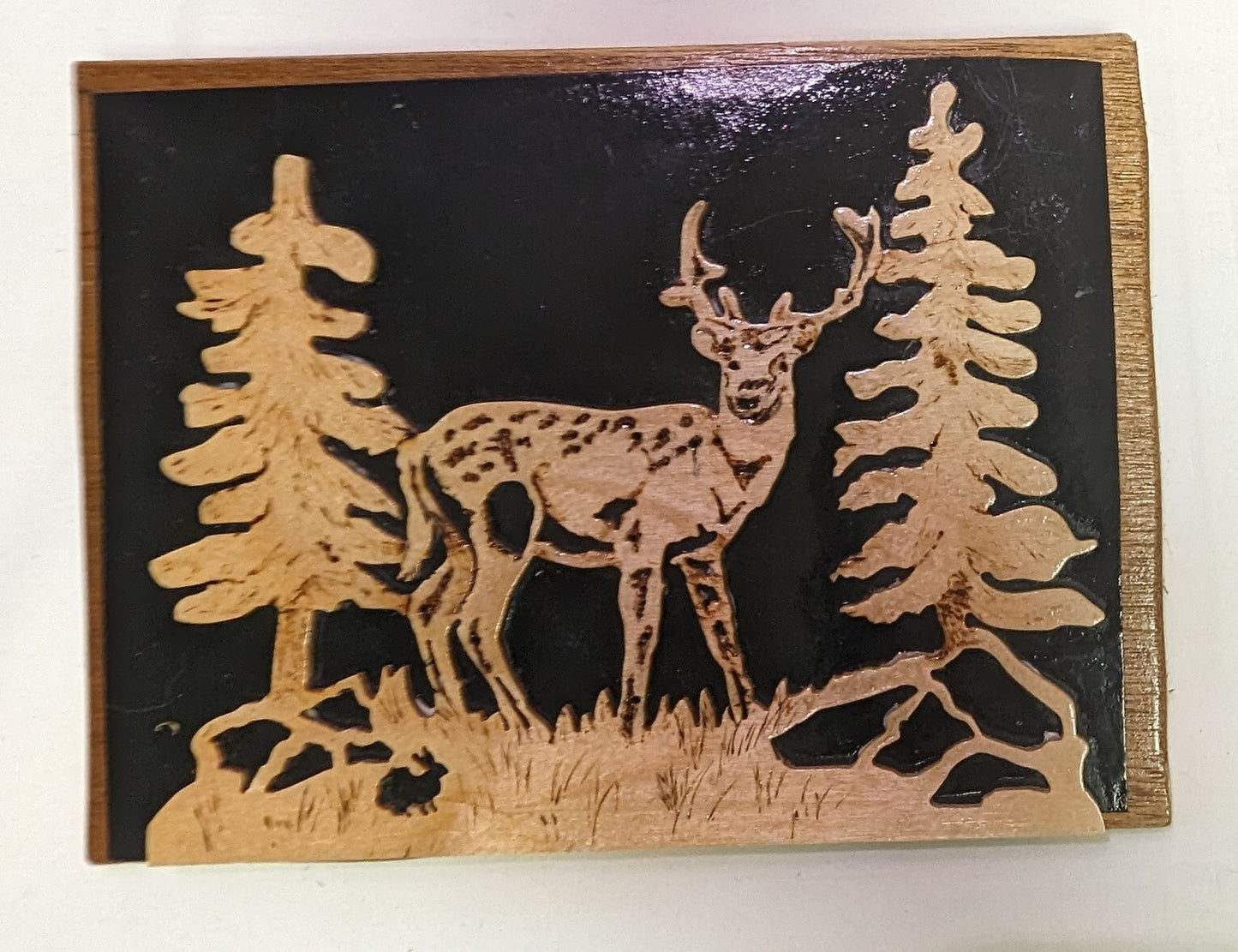 Scroll Sawn Art Deer in the Woods. Pyrography and scroll out on wood. One of a kind