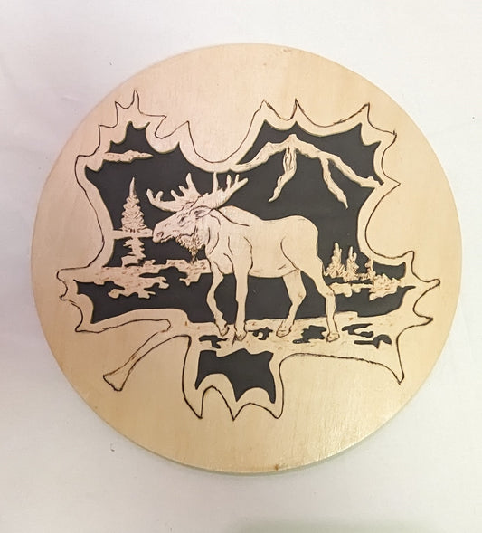 Scroll Sawn Original Art Moose Mountain Scene Over Mapleleaf Black Background